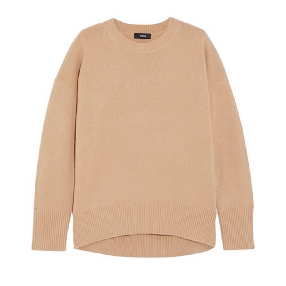 THEORY LUXE CASHMERE CREWNECK PLUSH PULLOVER SWEATER RIB TRIM NEUTRAL Camel S